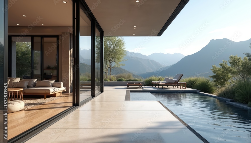 Naklejka premium Modern villa with outdoor living space. Exterior design features patio pool and mountain view. Luxury home with open glass doors. Relaxing space for recreation or leisure.