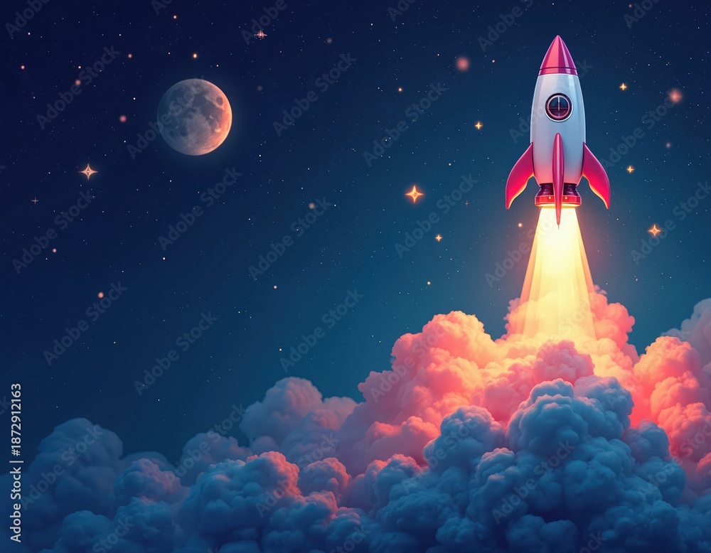 Fototapeta premium Cartoon rocket soars through cosmos. Cloud puffs accompany its ascent at night sky with stars and moon. Growth concept for business or marketing project or innovation.