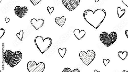 Seamless pattern of hand-drawn hearts in various sizes and styles, perfect for backgrounds.