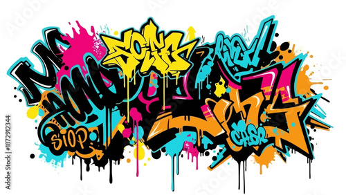 Colorful graffiti art with various words and abstract shapes, vibrant and expressive.