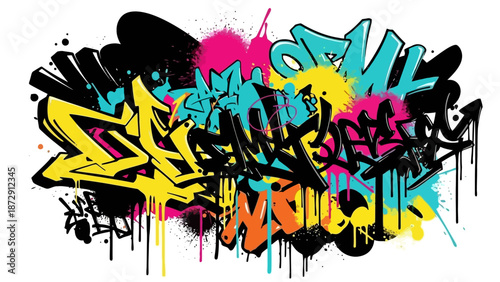 Colorful graffiti art with vibrant splashes and bold lettering, creating a dynamic urban aesthetic.
