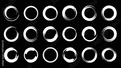 A collection of 18 white brush stroke circles on a black background, arranged in three rows.