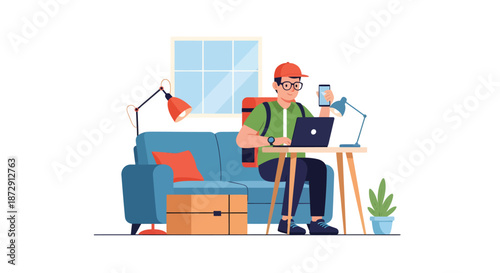 Man working on laptop while sitting on a blue couch in a modern living room with lamps and a potted plant nearby