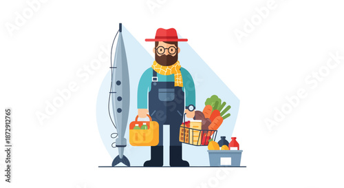 Man standing with grocery bags and fishing rod in a cartoon illustration