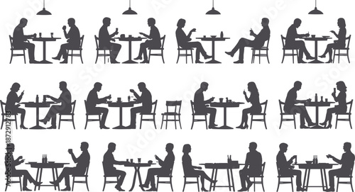People dining silhouettes, restaurant conversation scenes, couples and friends eating, social interaction concept, cafe lifestyle illustration, minimal black vector