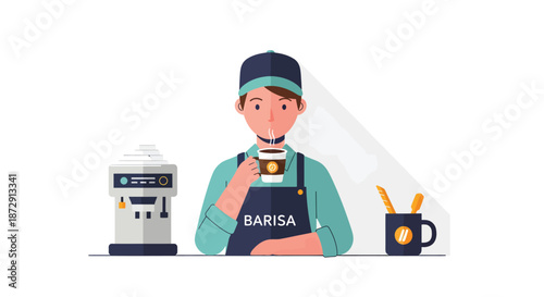 A barista standing behind a counter with a coffee machine and a cup