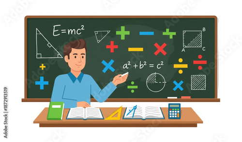 Math teacher with formulas and math tools vector illustration