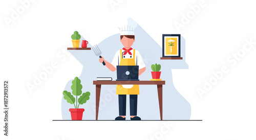 A chef working at a desk with a laptop and kitchen utensils in a modern workspace illustration