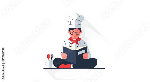 A chef sitting cross-legged on the floor reading a cookbook with a glass nearby illustration