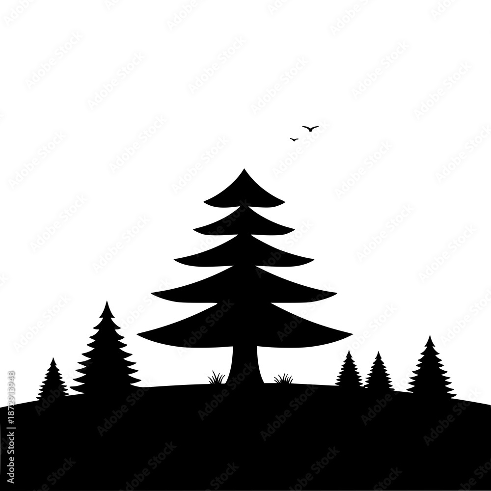 Obraz premium Minimalist silhouette of pine trees on hill
