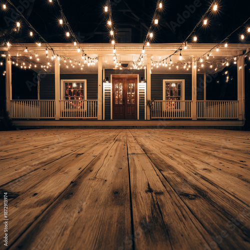 A cozy wooden porch illuminated by string lights at night. The house features a welcoming entrance with double doors and large windows.