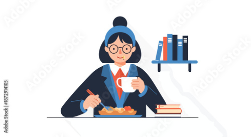 A woman enjoying a meal and drink while studying or working at a desk with books nearby in a calm environment from a front viewpoint