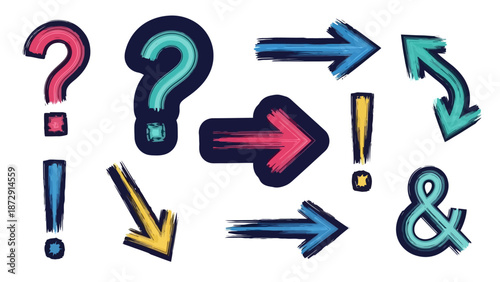 A collection of colorful, hand-drawn punctuation marks and directional arrows on a white background.