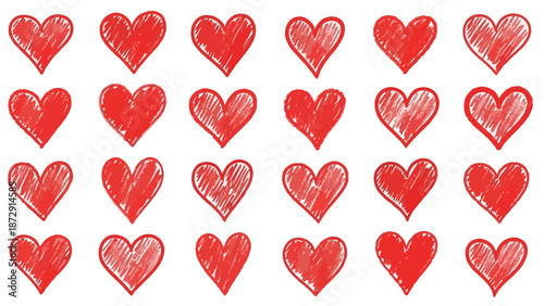 A collection of hand-drawn red hearts arranged in a grid pattern on a white background.