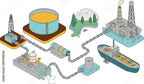 Isometric oil and gas industry illustration, refinery, pipeline network, storage tanks, offshore tanker, energy production, industrial infrastructure, vector design