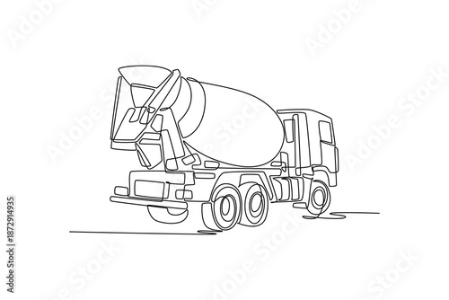 Single continuous line drawing back view of concrete mixer truck, highlighting the drum and mechanical structure in clean, professional and industrial. One line draw graphic design vector illustration