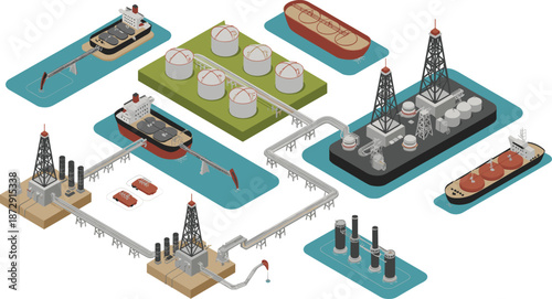 Isometric oil and gas industry infrastructure illustration showing offshore platforms pipelines storage tanks refineries ships energy production network global logistics
