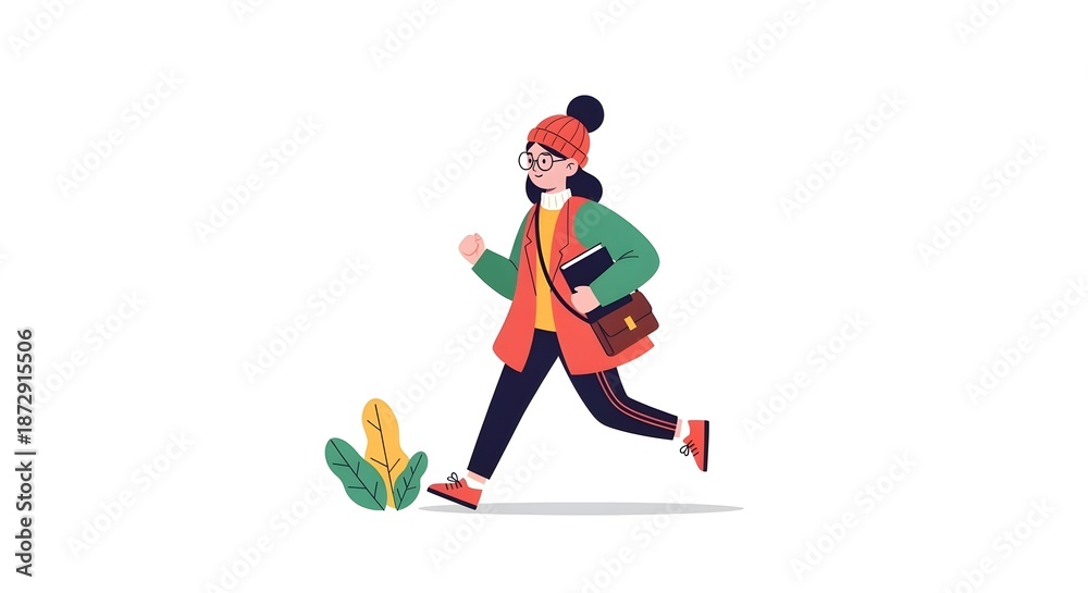 Fototapeta premium Young woman in casual winter attire with backpack, running with books, illustration