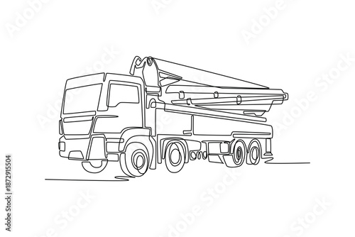 Single continuous line drawing articulated concrete pump truck with boom extended, flow and movement concrete placement on complex construction site. One line draw graphic design vector illustration