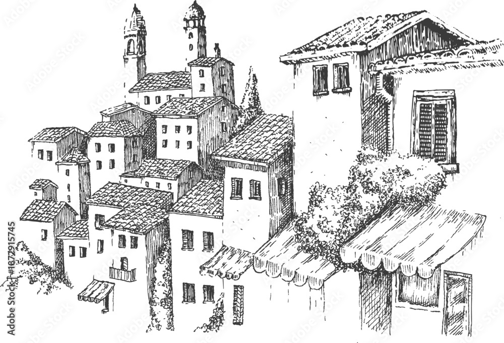 Obraz premium Sketch of old street in medieval city with stone houses. Hand drawn vector illustration in monochrome color.