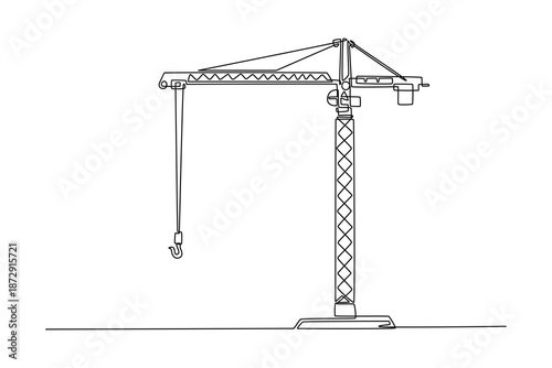 Single continuous line drawing tower crane at high-rise building site, capturing the essence of modern construction and engineering in a sophisticated. One line draw graphic design vector illustration