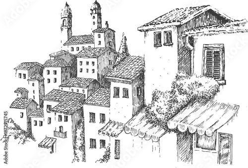 Sketch of old street in medieval city with stone houses. Hand drawn vector illustration in monochrome color.