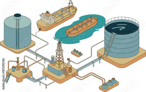 Isometric oil and gas infrastructure illustration featuring drilling rig storage tanks pipelines tanker ships petroleum processing industrial energy system