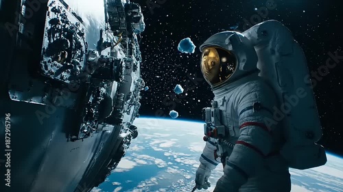 Astronaut floats near spacecraft in outer space with Earth in the background view