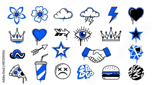 A vibrant collection of blue and black graffiti-style icons and illustrations, featuring various symbols like flowers, clouds, lightning, hearts, crowns, and food items.