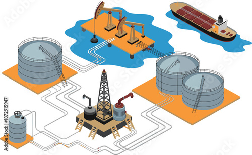 Isometric oil and gas infrastructure illustration featuring drilling rig storage tanks pipelines tanker ships petroleum processing industrial energy system
