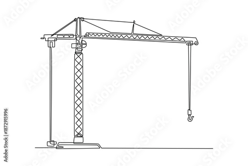 Single one line drawing solitary tower crane, high-contrast industrial silhouette that represent construction, progress, and modern engineering. Continuous line draw design graphic vector illustration