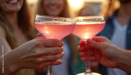 Friends clink glasses with pink cocktails at party outdoors. People celebrate together at event or wedding. Woman cheers with drink in hand enjoying happy hour gathering at bar.