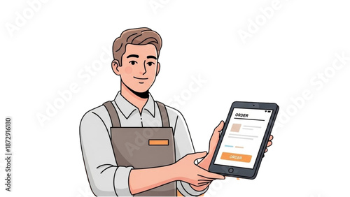 A man in apron holding a tablet with a friendly gesture