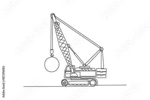 Single one line drawing classic demolition crane with a wrecking ball, highlights the movement and purpose of the heavy-duty machinery. Modern continuous line draw design graphic vector illustration