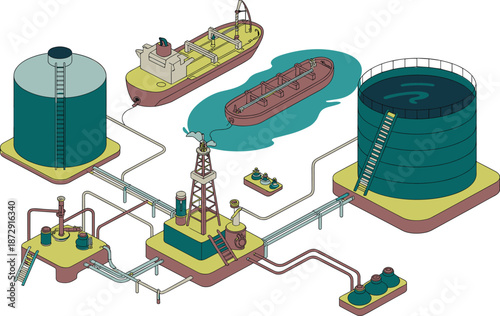 Isometric oil and gas infrastructure illustration featuring drilling rig storage tanks pipelines tanker ships petroleum processing industrial energy system