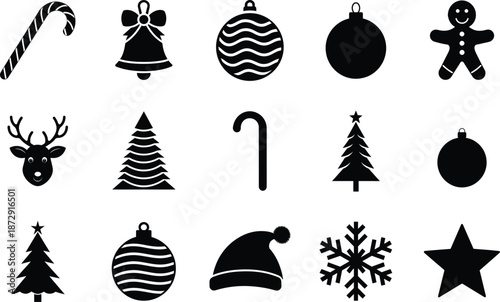 Christmas Icons Set Black Holiday and Winter Silhouette Collection
