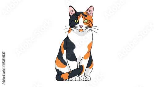 Illustration of a cat sitting in a calm pose with vibrant colors against a white background
