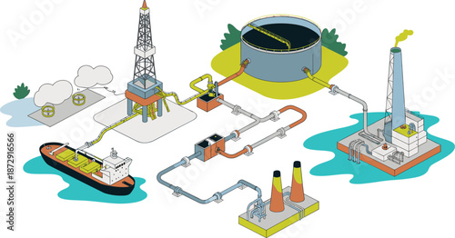Isometric oil and gas production process illustration, drilling rig, pipelines, refinery, storage tanks, tanker ship, energy infrastructure, industrial system