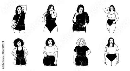 A diverse collection of eight black and white illustrations showcasing various full-figured women in different poses and outfits, celebrating body positivity and self-acceptance.