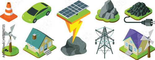 Isometric renewable energy illustration, solar car, wind turbine, power grid, coal, lightning, eco house, sustainable electricity concept, for modern infrastructure