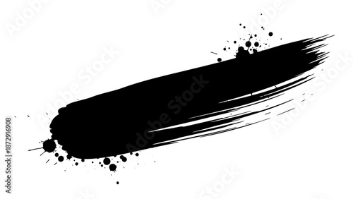 A bold, dynamic black brush stroke with splattered ink accents on a white background, conveying a sense of energetic movement and artistic expression.