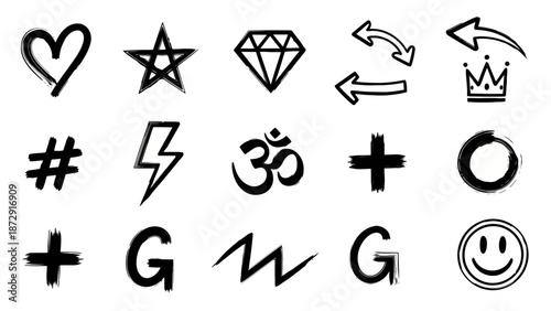 A collection of hand-drawn black and white icons and symbols, including a heart, star, diamond, arrows, crown, hashtag, lightning bolt, Om symbol, plus signs, letters G, zigzag, and a smiley face.
