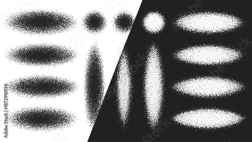 A collection of abstract, grainy, oval and circular shapes in black and white, presented on a split background.