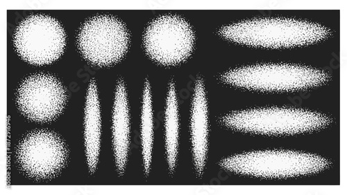 A collection of abstract, grainy, circular and elliptical shapes on a dark background, representing light patterns or energy fields.