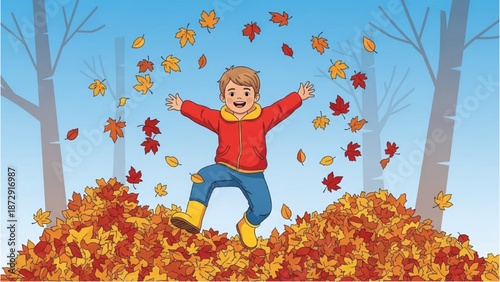 A joyful child playing in a pile of autumn leaves on a sunny day