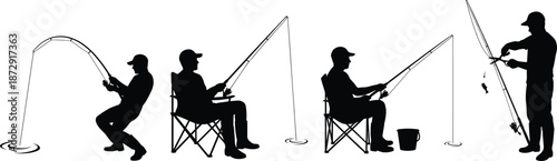 Detailed Silhouette Set of Fisherman Catching Fish While Sitting in Chair and Standing with Fishing Rod Isolated on White Background
