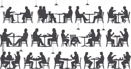 People dining silhouettes, restaurant conversation scenes, couples and friends eating, social interaction concept, cafe lifestyle illustration, minimal black vector