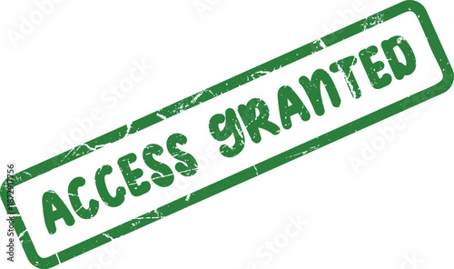 A green rectangular rubber stamp with a grunge texture shows the phrase ACCESS GRANTED diagonally