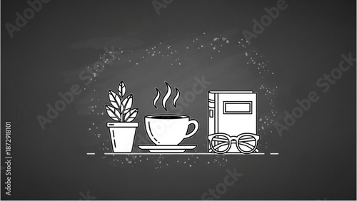 A serene morning scene with a steaming cup of coffee, a potted plant, and a book on a table against a dark background.