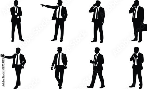 Set of eight black silhouettes of businessmen in various poses isolated on white background.